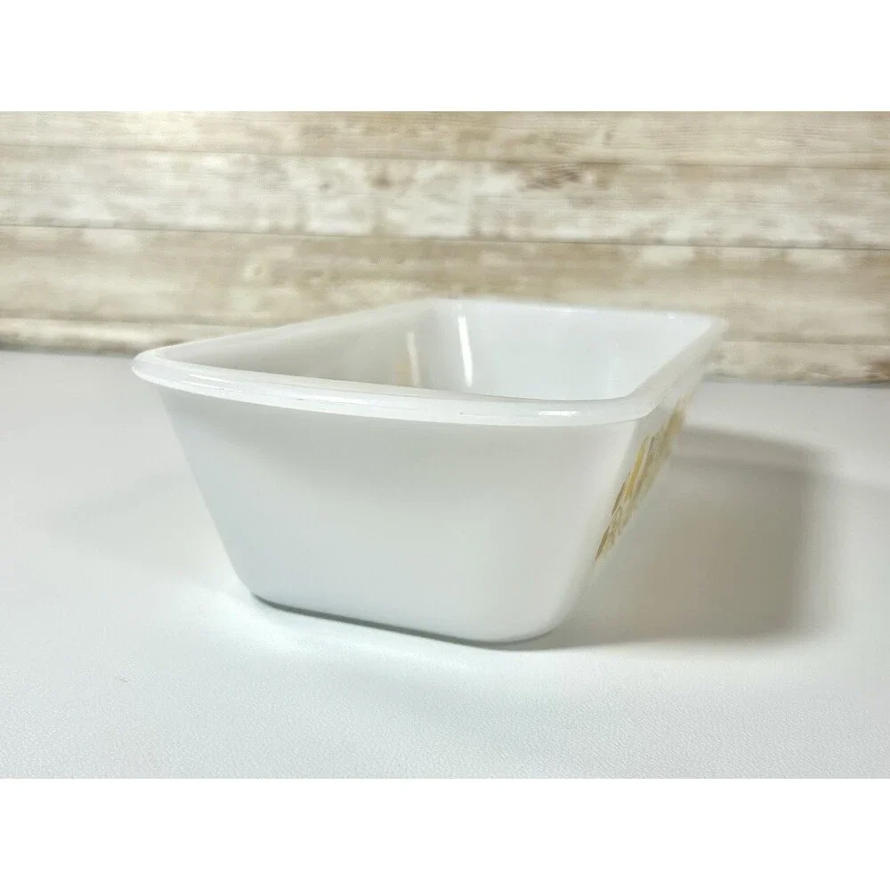 Vintage Glasbake White Glass Yellow / Brown Daisies Baking Loaf Pan Dish